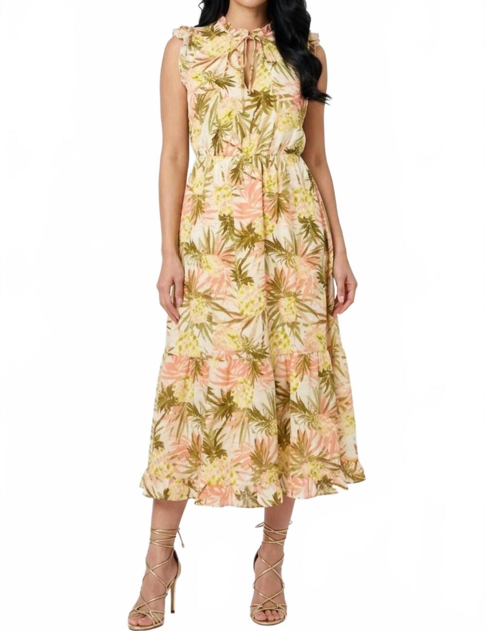 NEW LAUNDRY BY SHELLI SEGAL pinapple print ruffle cap sleeve midi dress in anana